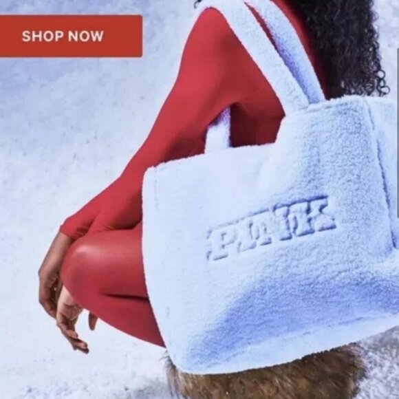 Victorias Secret PINK Fleece Tote Teddy Sherpa Bag Travel Overnight Logo Blue - Picture 3 of 11